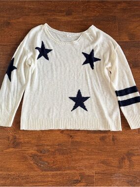 Maurices Cream Knit Sweater with Navy Blue Stars Stripes